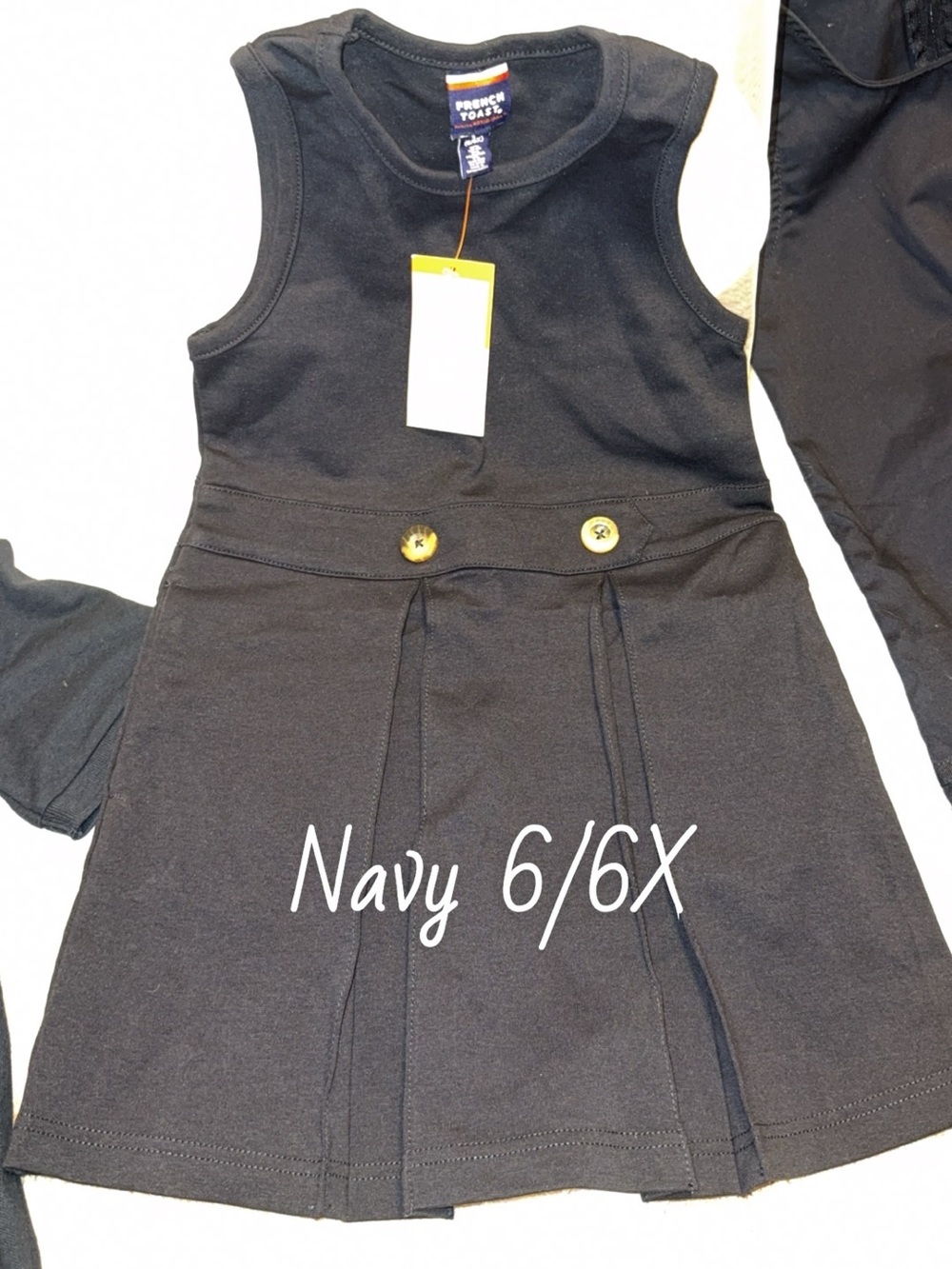 French Toast Navy Sleeveless Pleated School Dress with Button Accents Sz. 6X